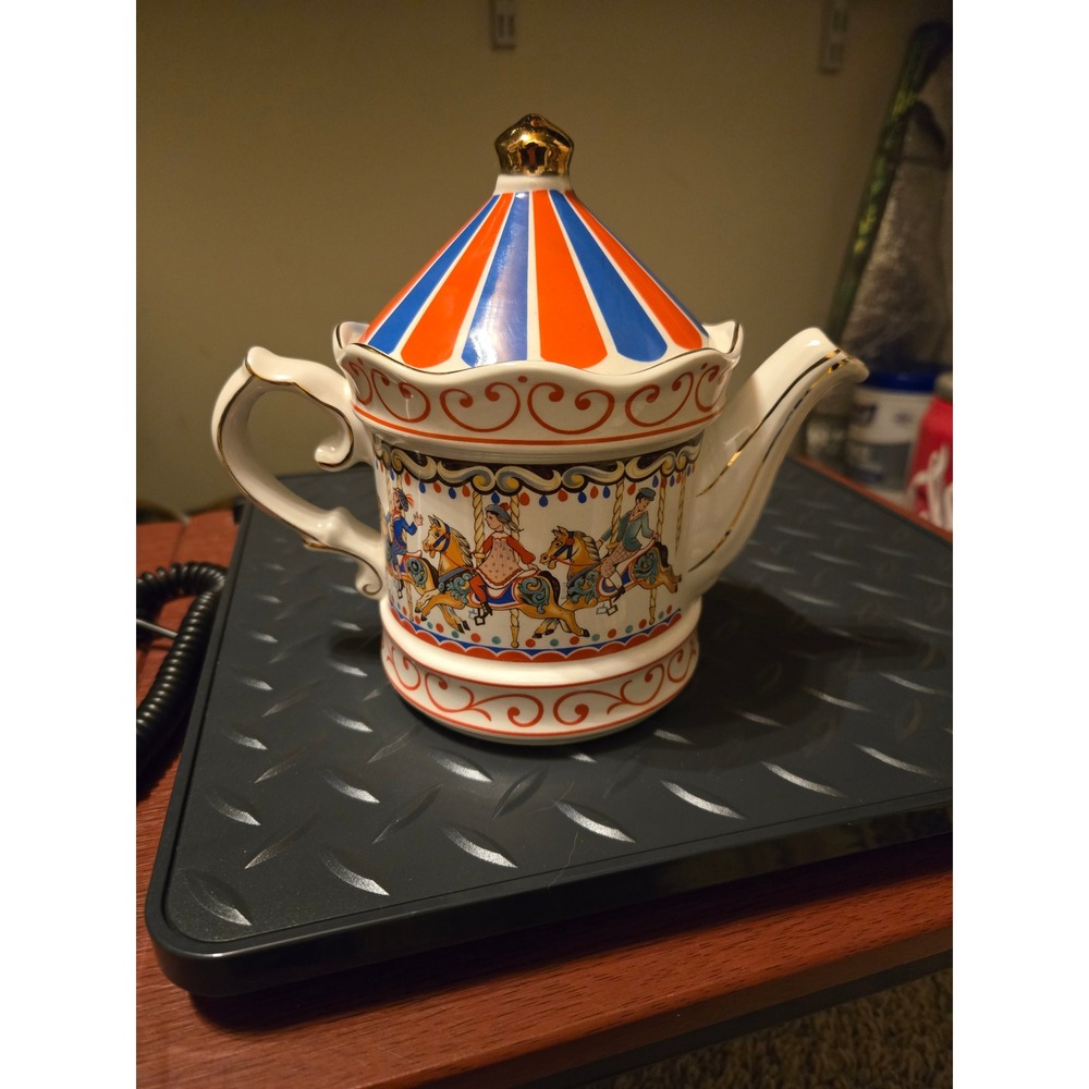 Vintage Carousel Horse Ceramic Teapot Circus Tent Lid Gold Trim Red Blue White